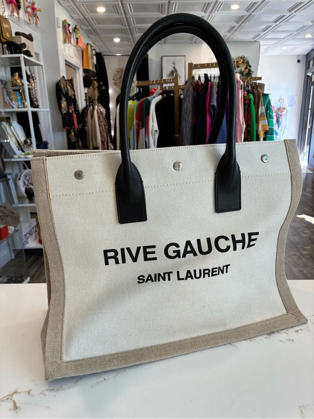 Saint Laurent Rive Gauche Canvas Tote in Ivory with Black Handles